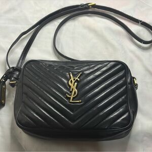 Saint Laurent Black Chevron Crossbody Bag with Gold Logo